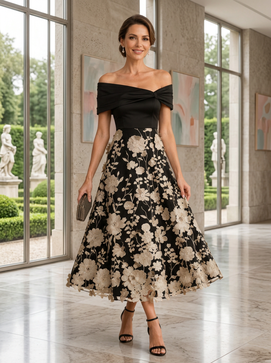 Off-Shoulder Floral Embroidered Jacquard Midi Dress