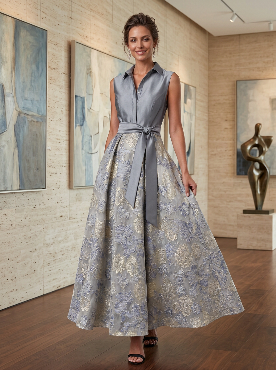 Sleeveless Shirt Collar Floral Jacquard Evening Dress