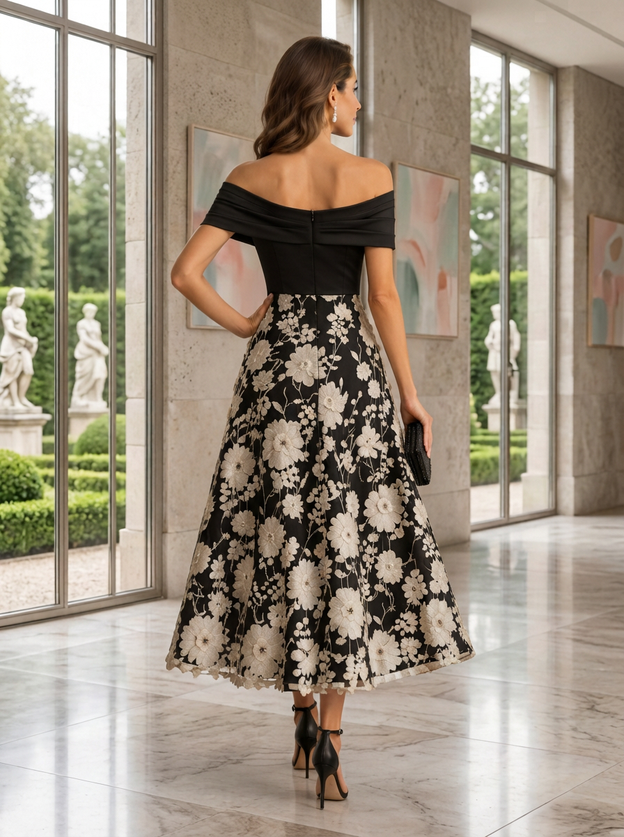 Off-Shoulder Floral Embroidered Jacquard Midi Dress