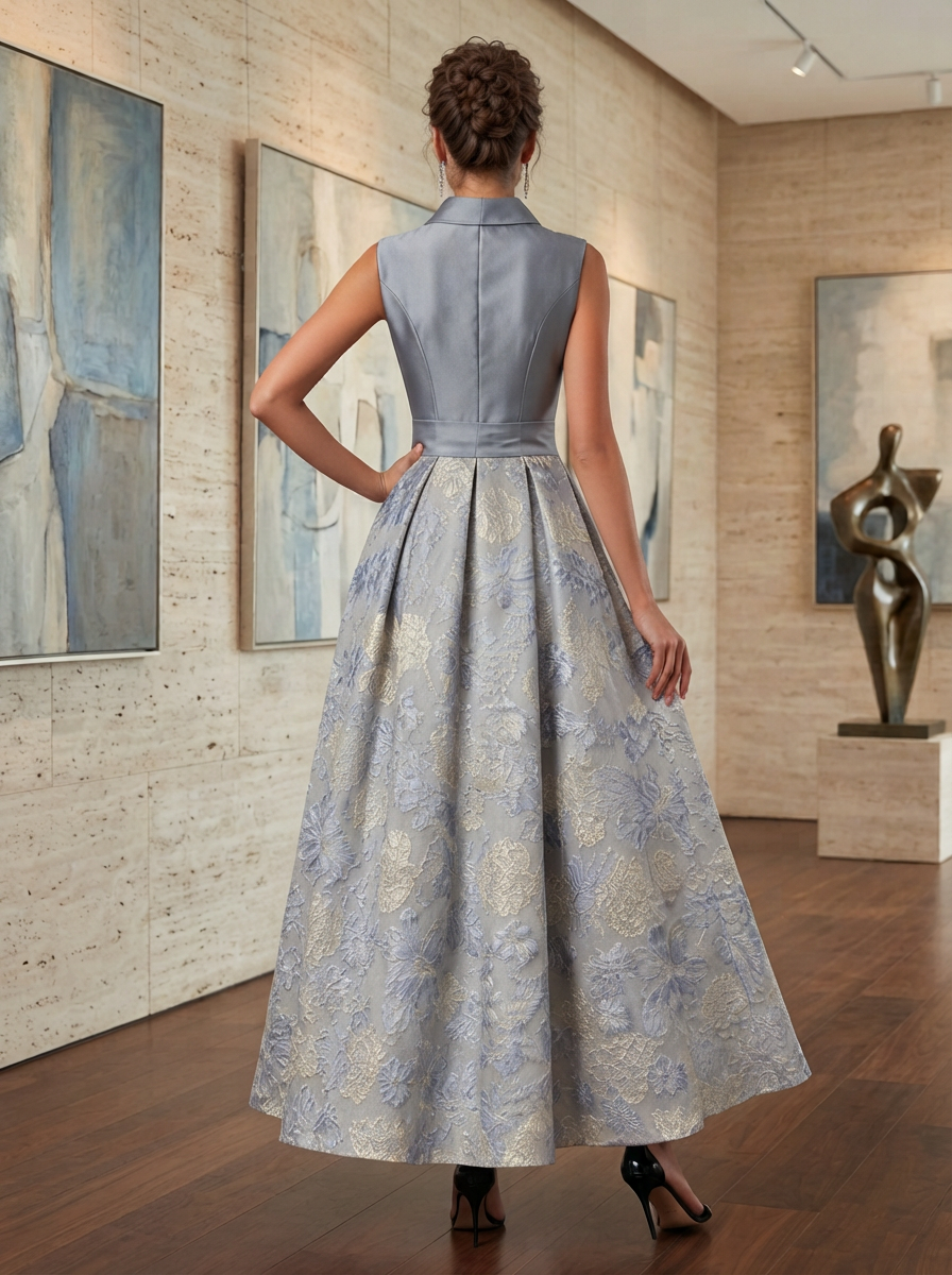 Sleeveless Shirt Collar Floral Jacquard Evening Dress