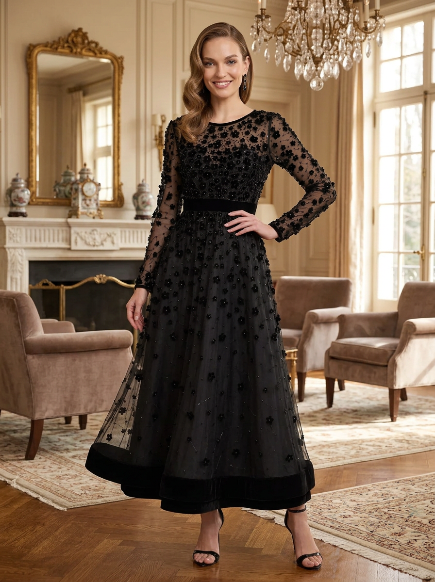 Long Sleeve 3D Floral Applique Tulle Evening Gown With Velvet Trim