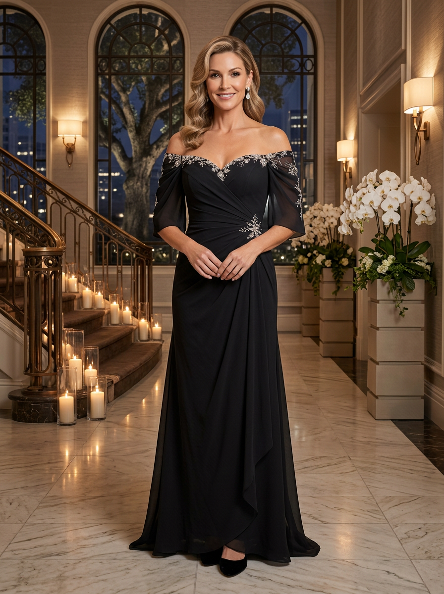 Off-The-Shoulder Beaded Chiffon Evening Gown