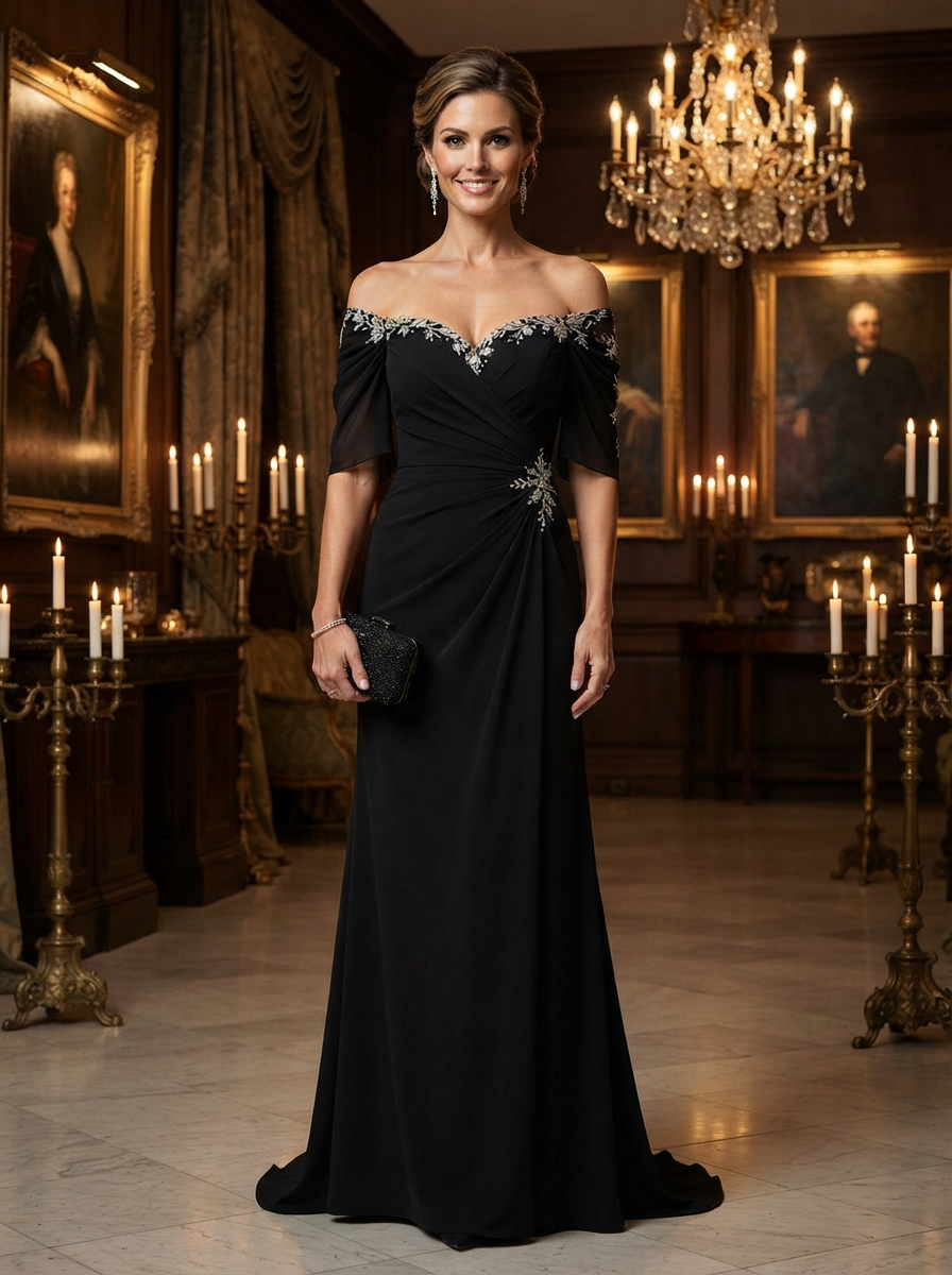 Off-The-Shoulder Beaded Chiffon Evening Gown