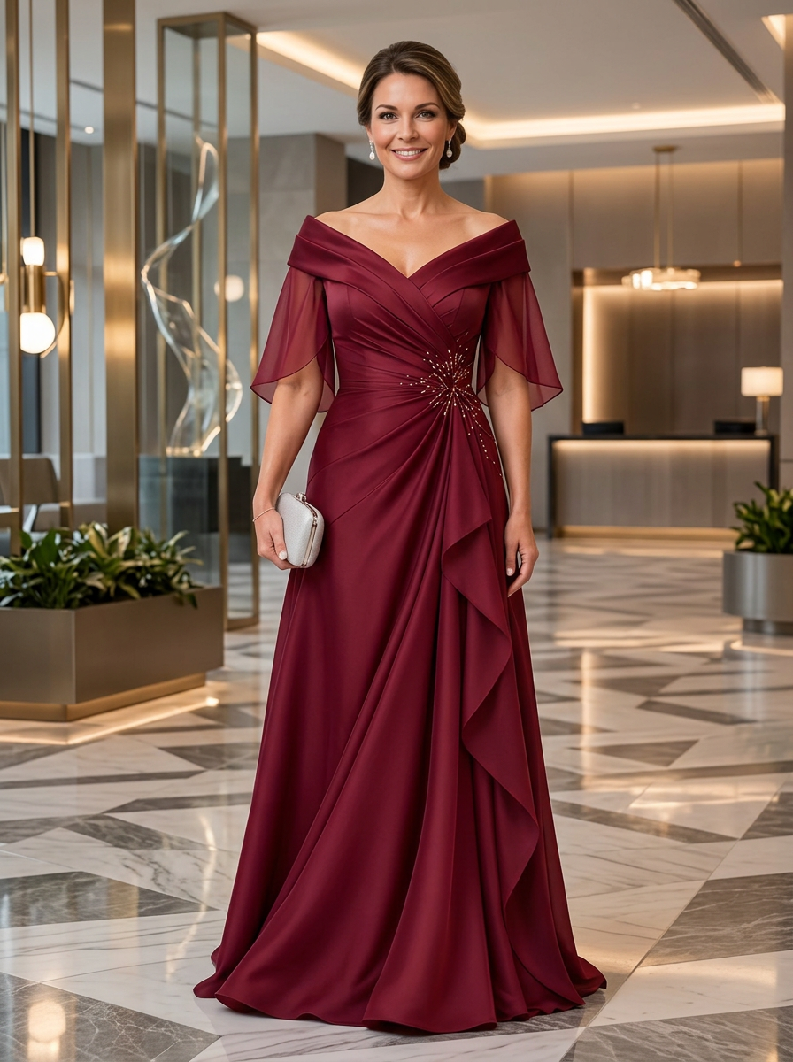 Off-The-Shoulder Beaded Chiffon Evening Gown