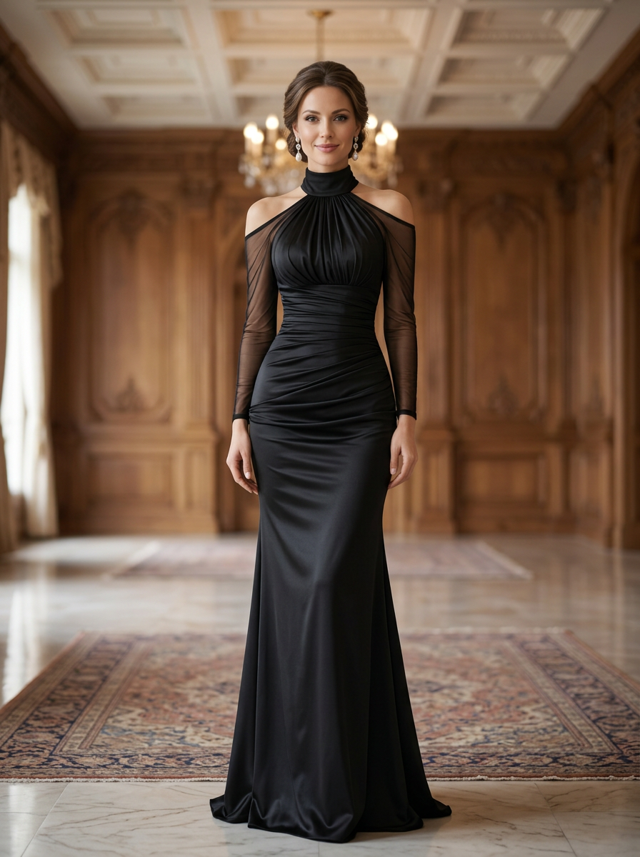 Cold-Shoulder High Neck Satin Evening Gown With Mesh Sleeves