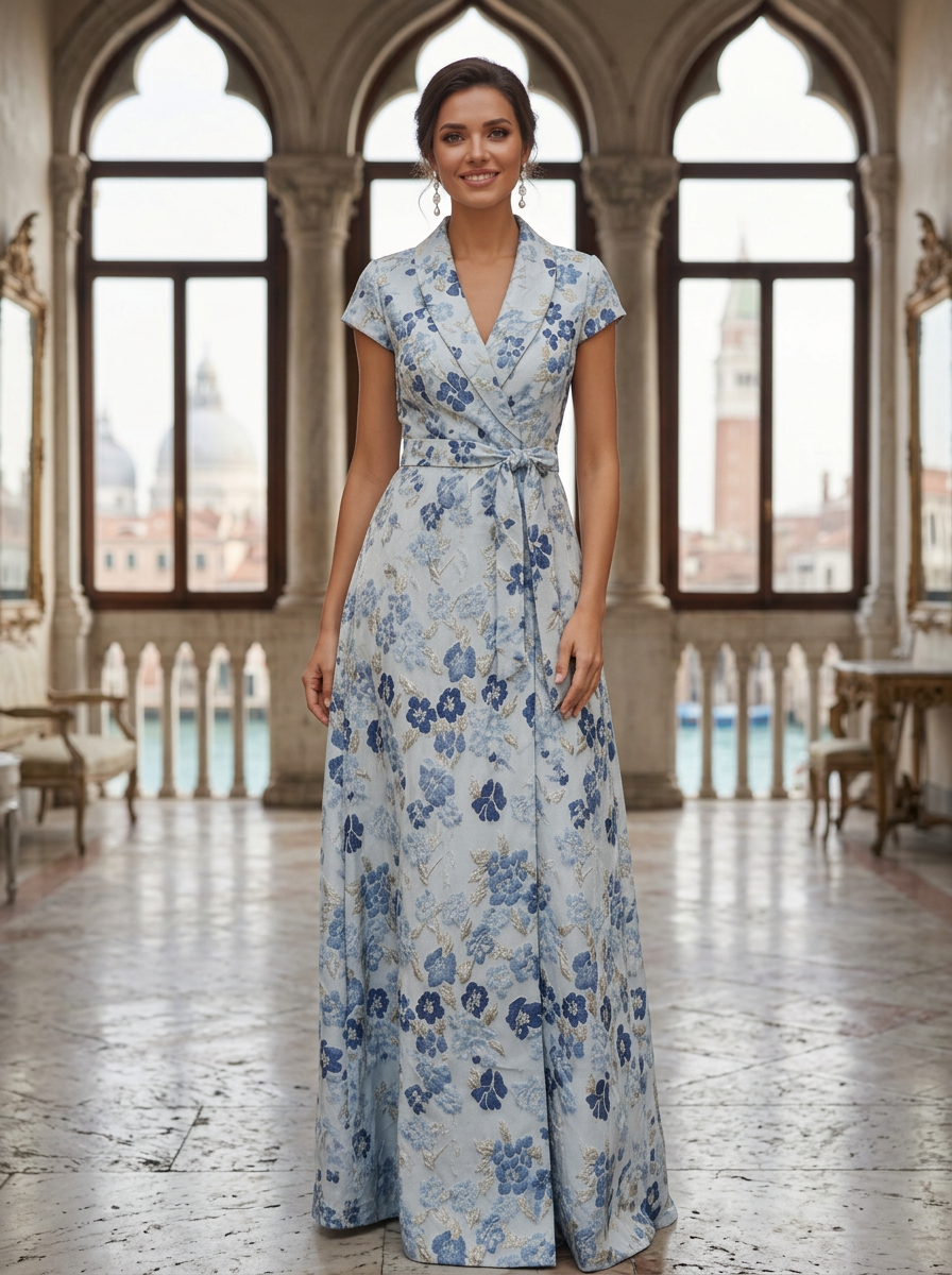 Short Sleeve Shawl Collar Floral Jacquard Evening Gown