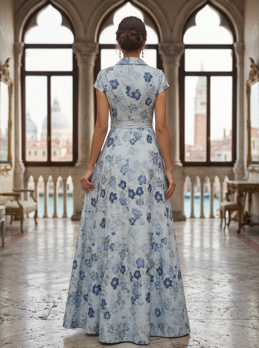 Short Sleeve Shawl Collar Floral Jacquard Evening Gown