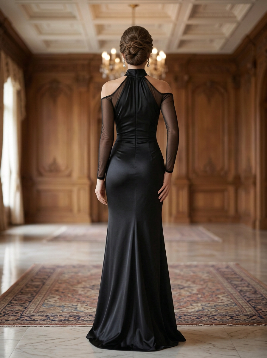 Cold-Shoulder High Neck Satin Evening Gown With Mesh Sleeves