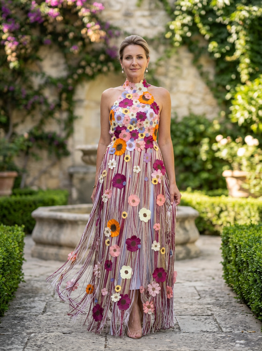 Halter Neck 3D Floral Applique Fringe Maxi Dress