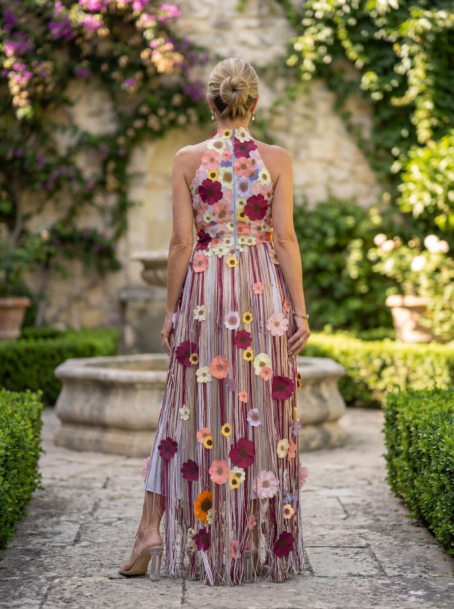 Halter Neck 3D Floral Applique Fringe Maxi Dress