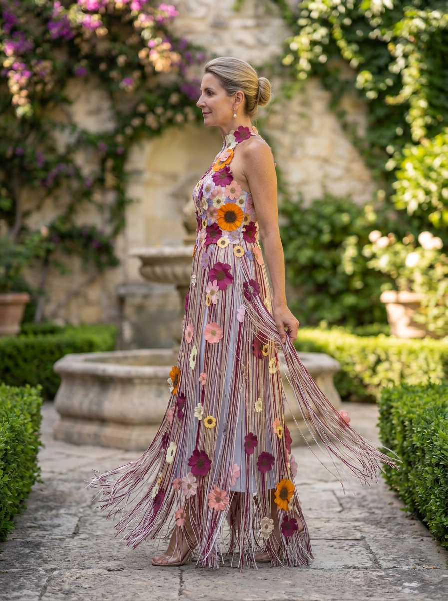 Halter Neck 3D Floral Applique Fringe Maxi Dress