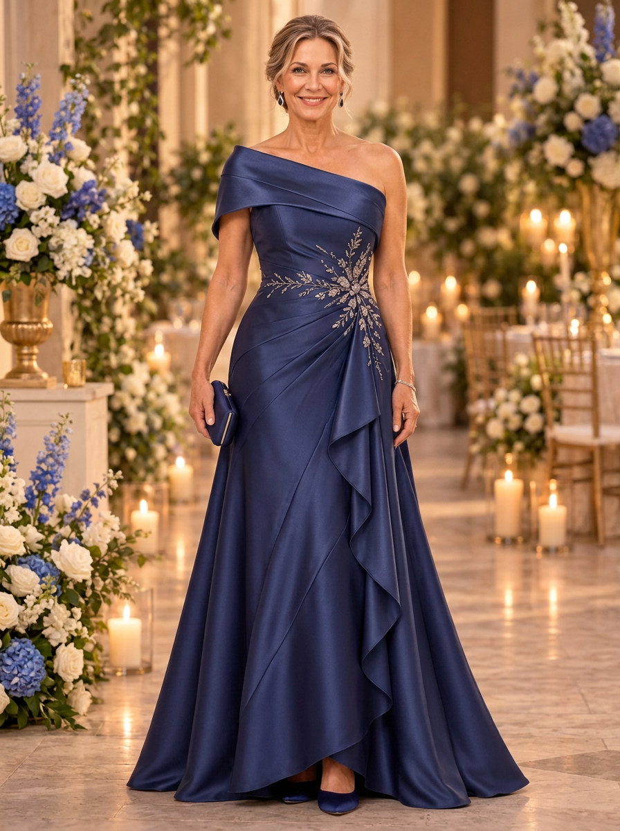 One-Shoulder Beaded Satin Evening Gown