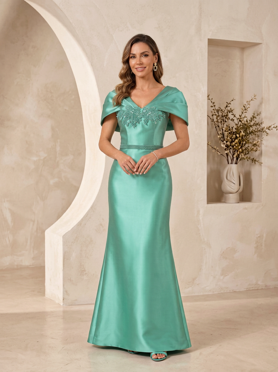 Off-Shoulder Beaded Satin Evening Gown