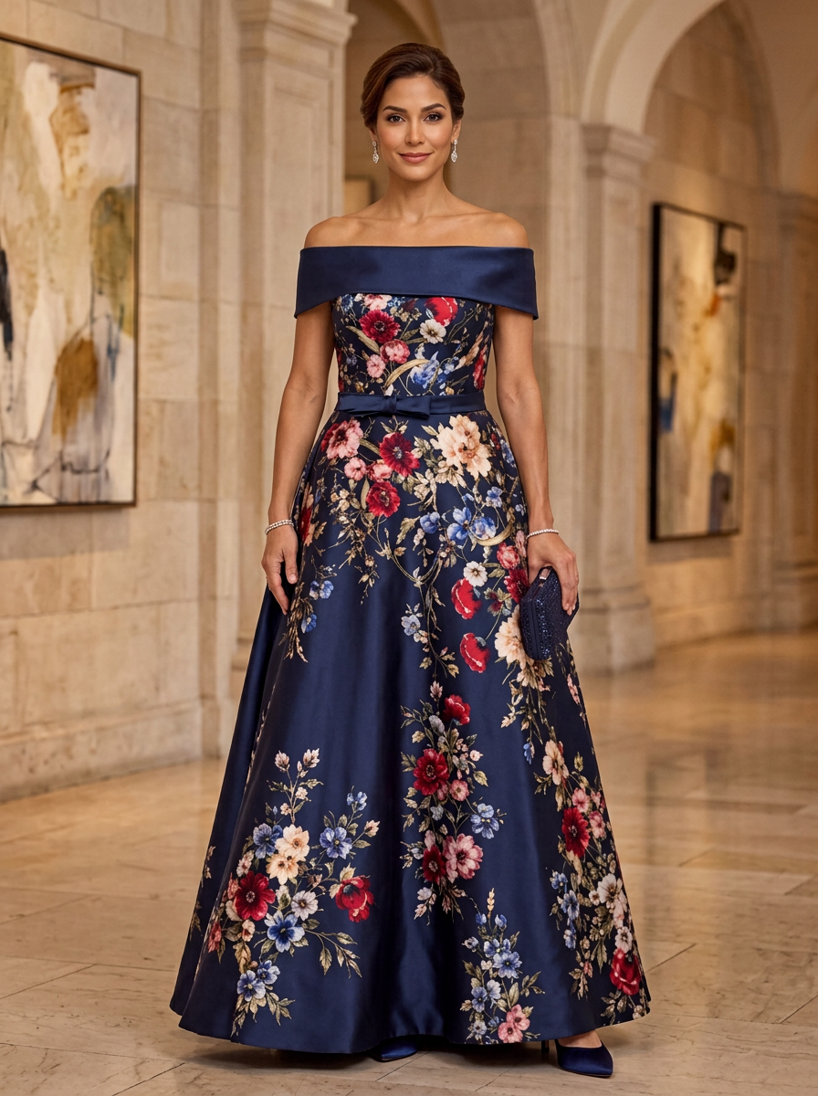 Off-Shoulder Floral Printed Satin Evening Gown