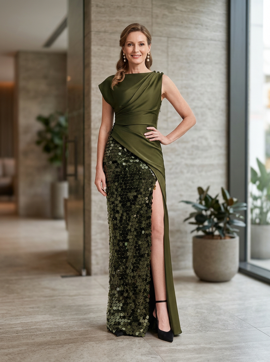 Asymmetric Draped Satin and Sequin Evening Gown