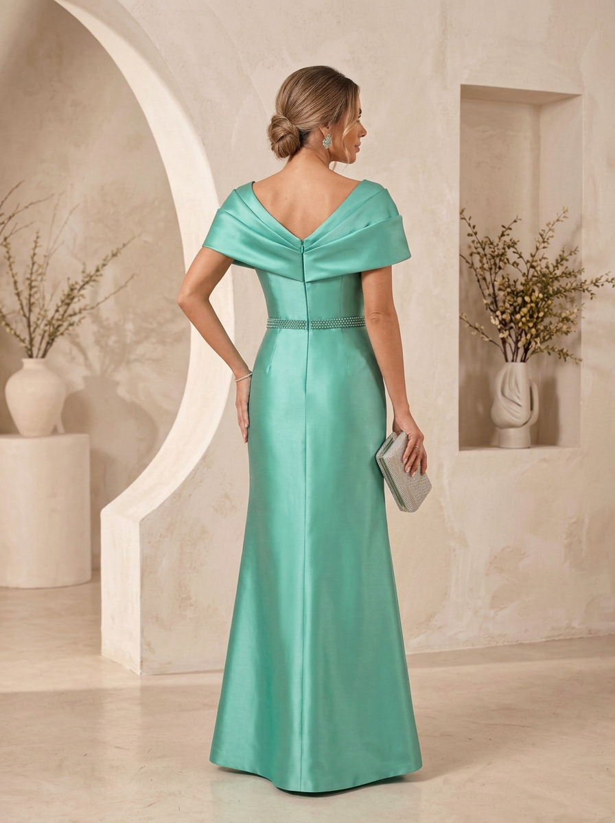 Off-Shoulder Beaded Satin Evening Gown