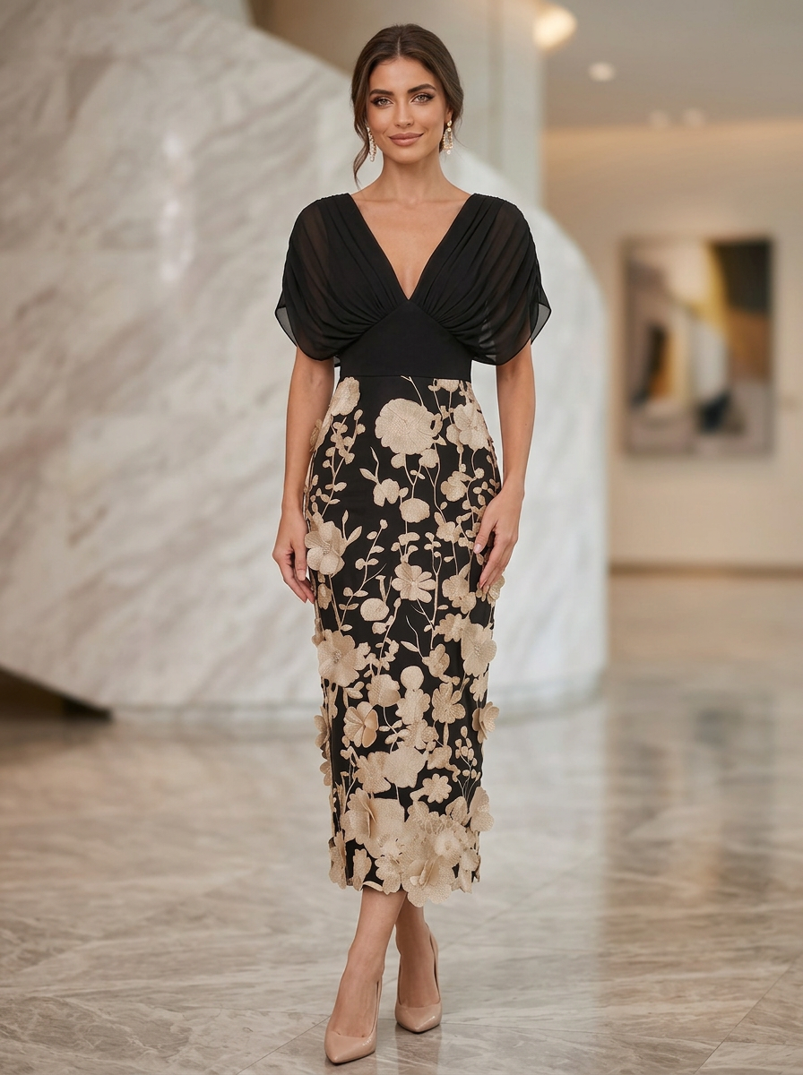 V-Neck Chiffon and Embroidered Floral Midi Sheath Dress