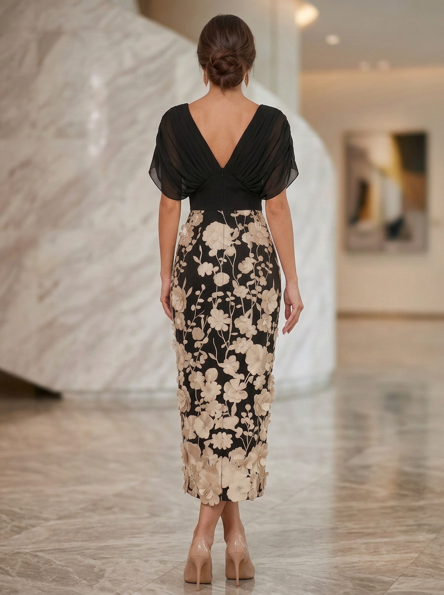 V-Neck Chiffon and Embroidered Floral Midi Sheath Dress