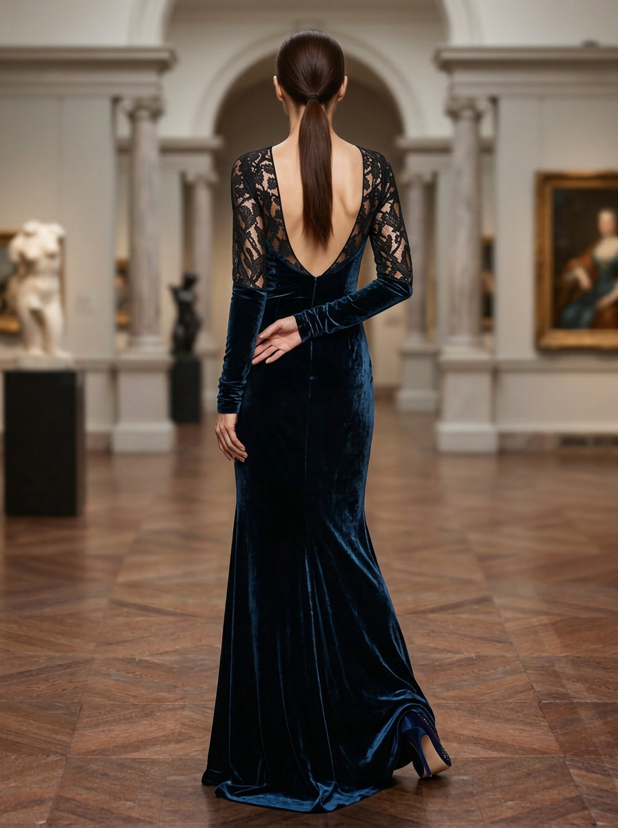 Deep V-Neck Lace Long Sleeve Velvet Evening Gown