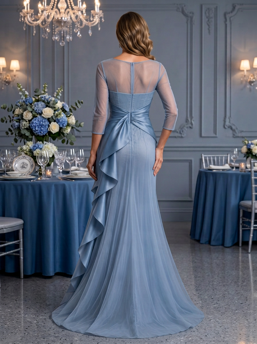 3/4 Sleeve Ruched Tulle and Satin Evening Gown With Cascading Ruffles