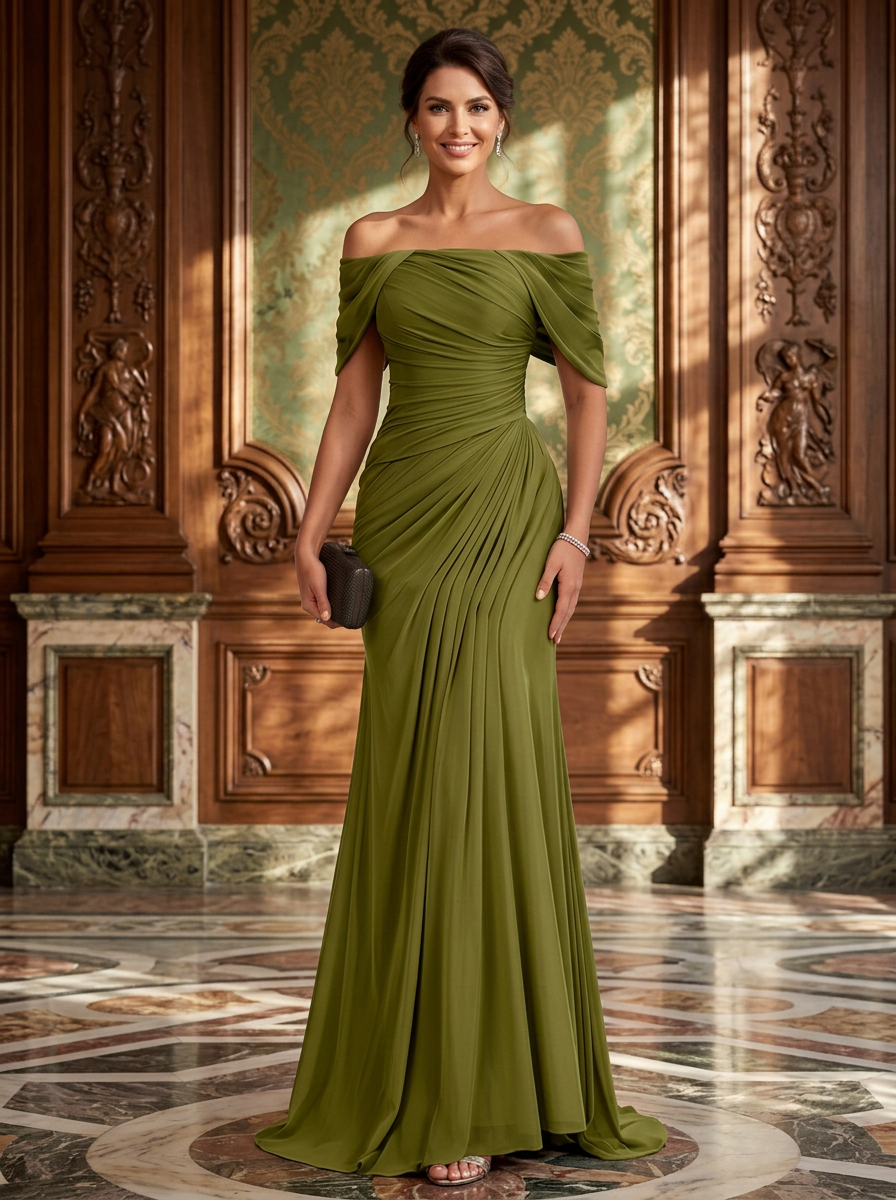 Off-Shoulder Ruched Chiffon Mermaid Evening Gown