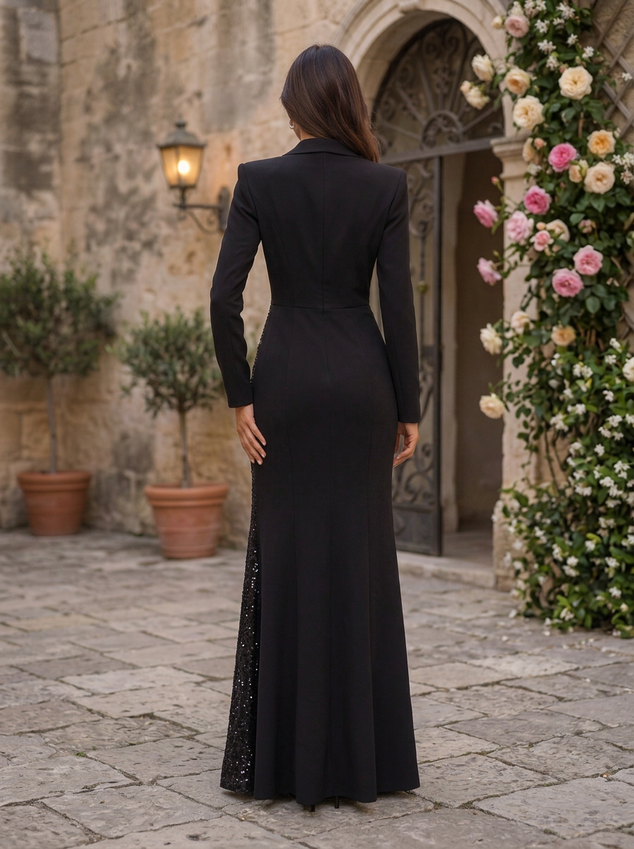 Long Sleeve Blazer Crepe and Sequined Tuxedo Evening Gown With Slit