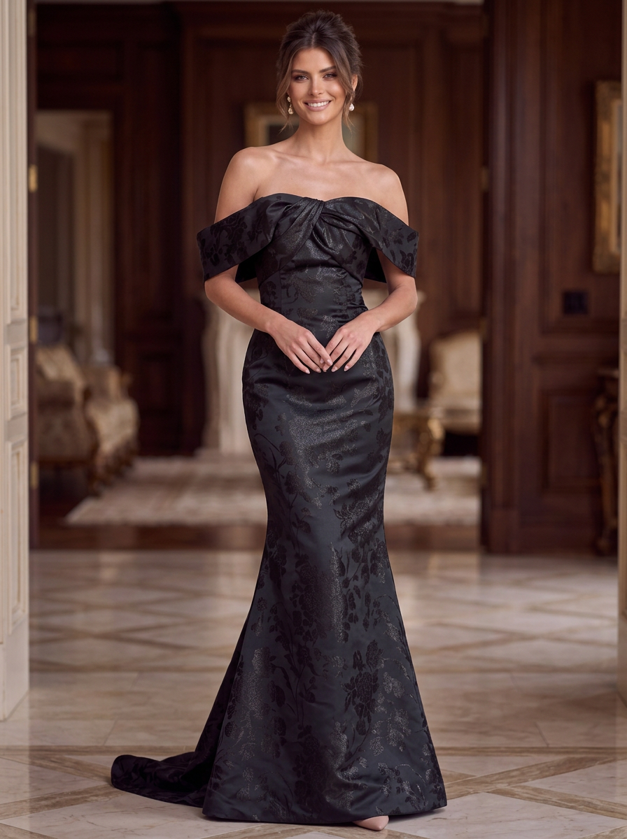 Off-Shoulder Floral Jacquard Mermaid Evening Gown