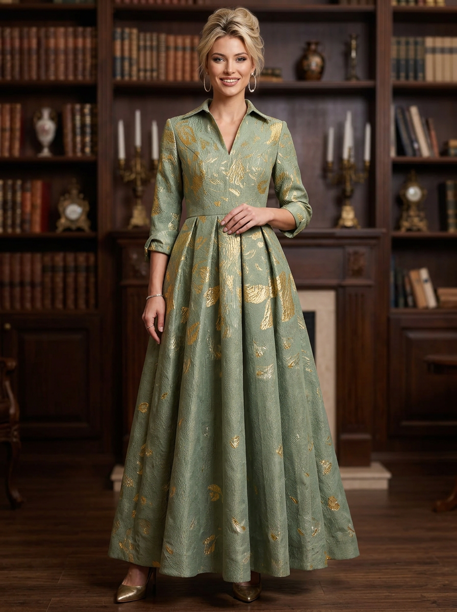 3/4 Sleeve Metallic Floral Brocade A-Line Evening Gown With Collar