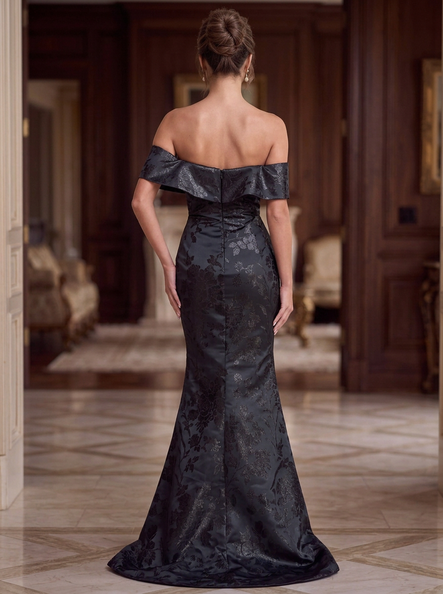 Off-Shoulder Floral Jacquard Mermaid Evening Gown