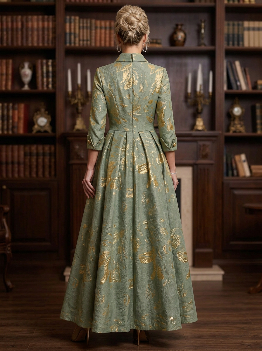 3/4 Sleeve Metallic Floral Brocade A-Line Evening Gown With Collar