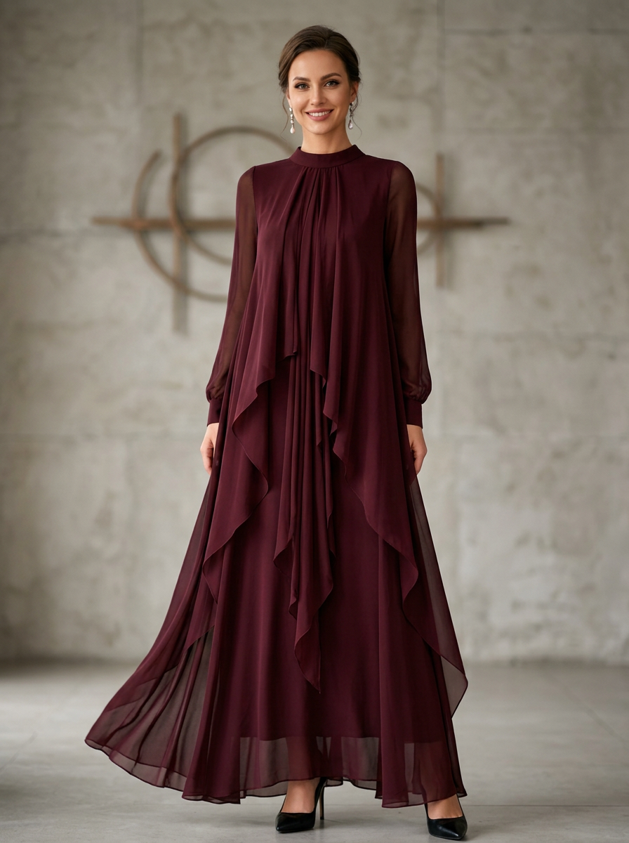 High Neck Long Sleeve Tiered Asymmetric Chiffon Evening Gown