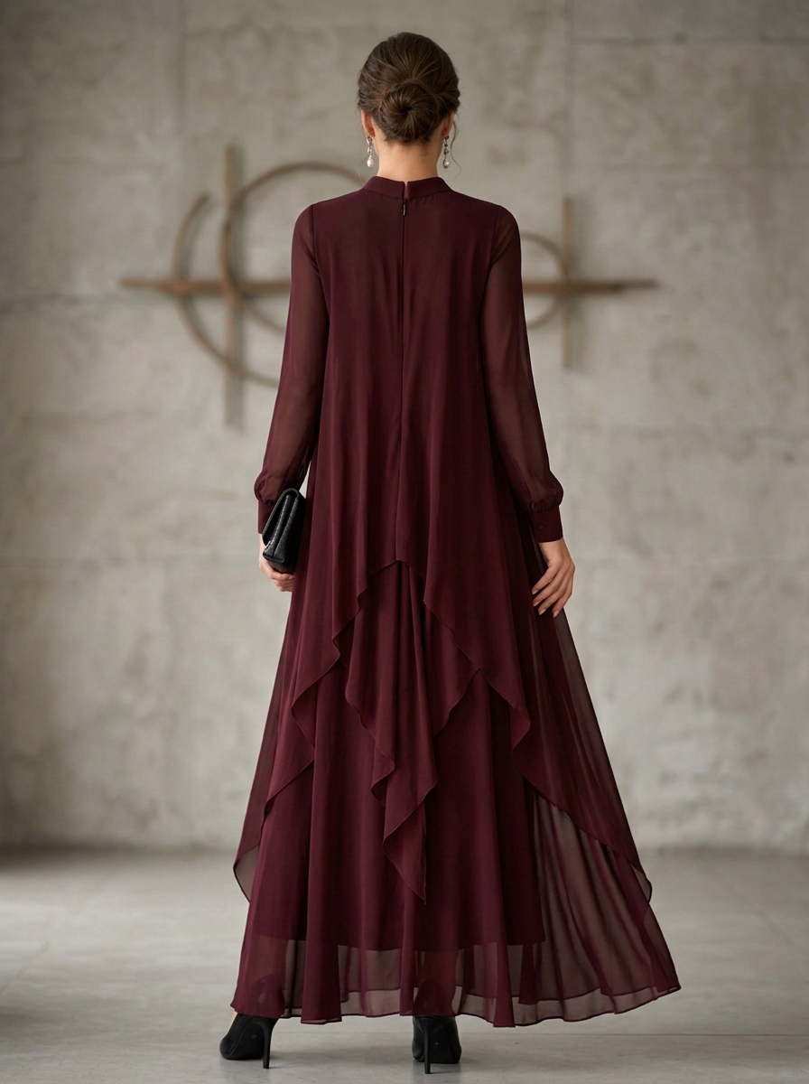 High Neck Long Sleeve Tiered Asymmetric Chiffon Evening Gown