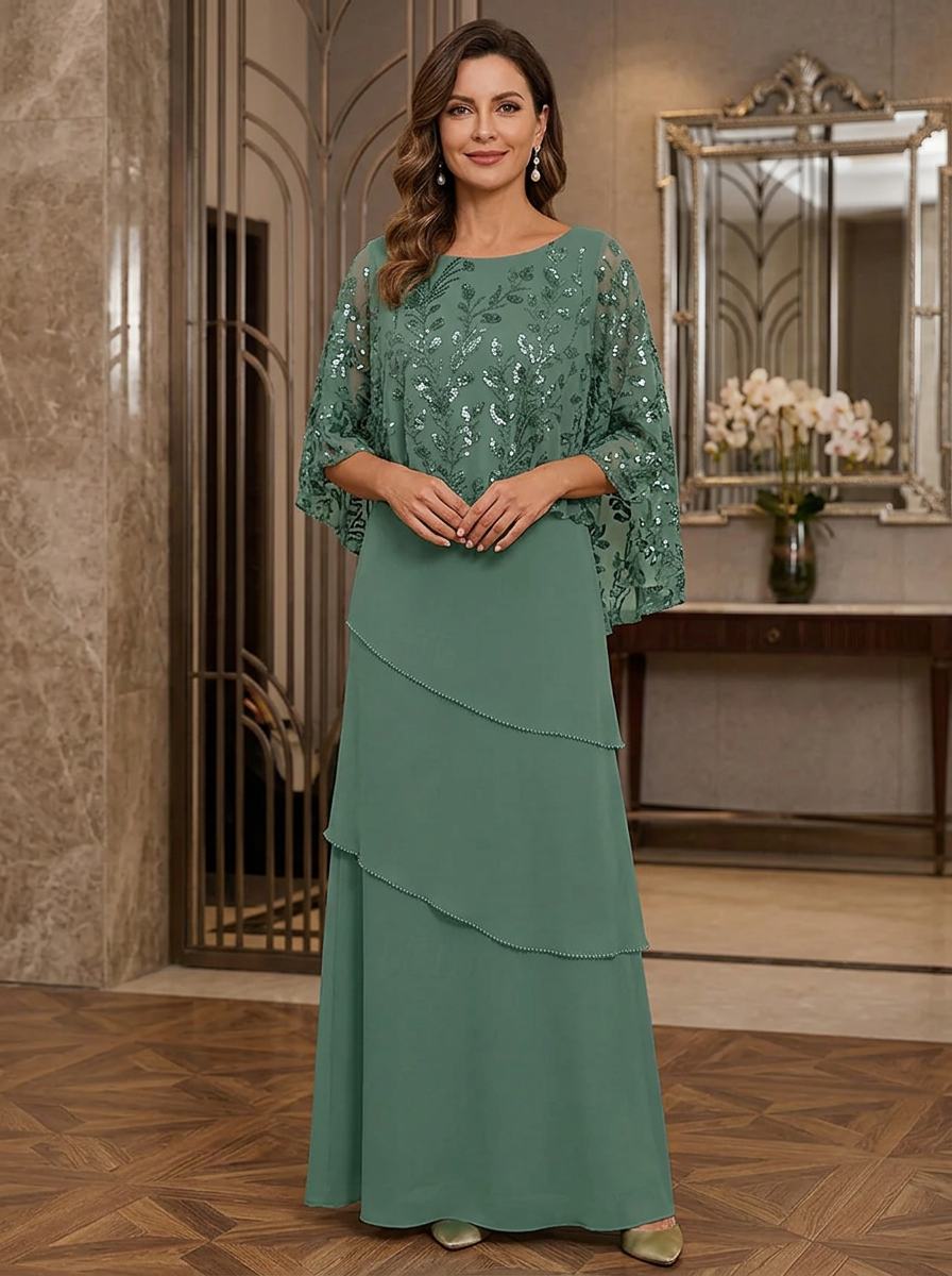 Sequin Embroidered Capelet Chiffon Tiered Evening Gown