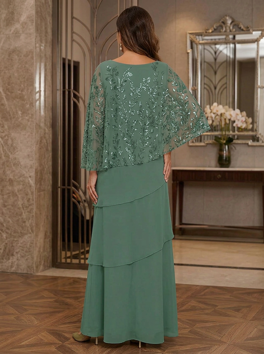 Sequin Embroidered Capelet Chiffon Tiered Evening Gown