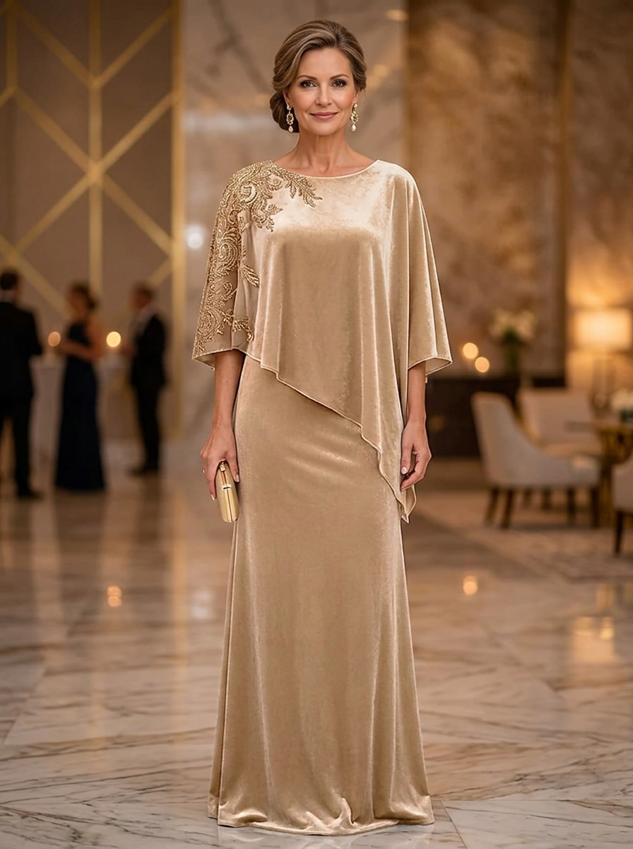 Embroidered Velvet Capelet Evening Gown