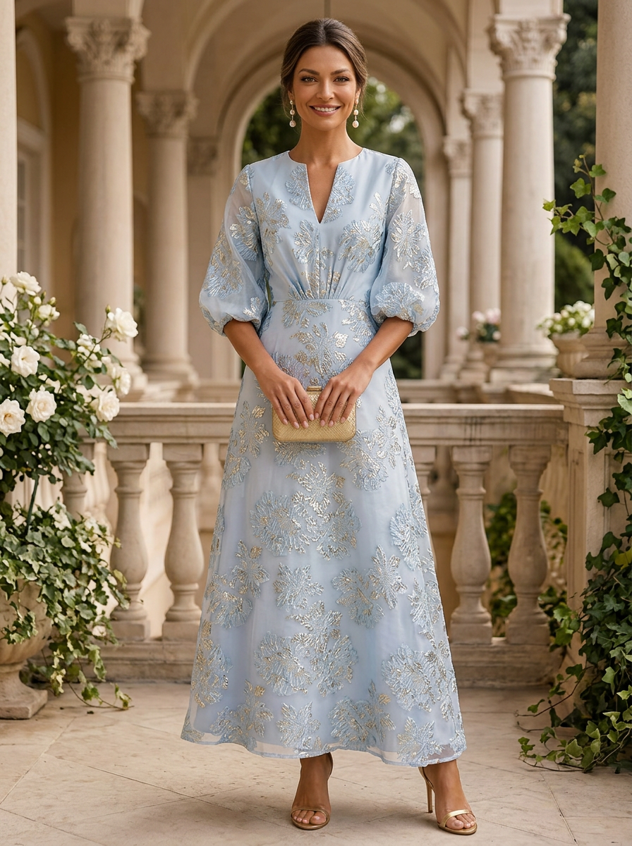3/4 Puff Sleeve Metallic Floral Jacquard Organza Evening Gown
