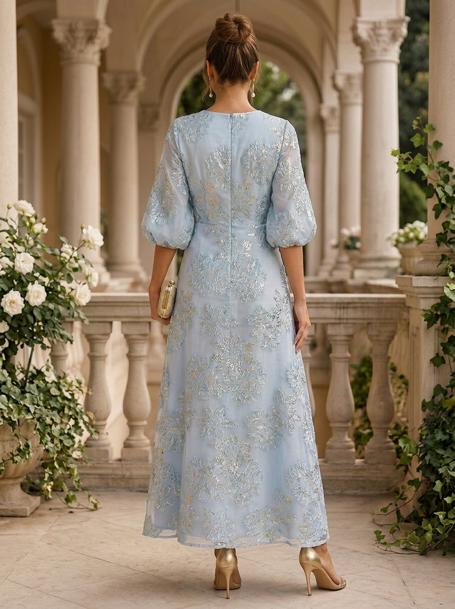 3/4 Puff Sleeve Metallic Floral Jacquard Organza Evening Gown