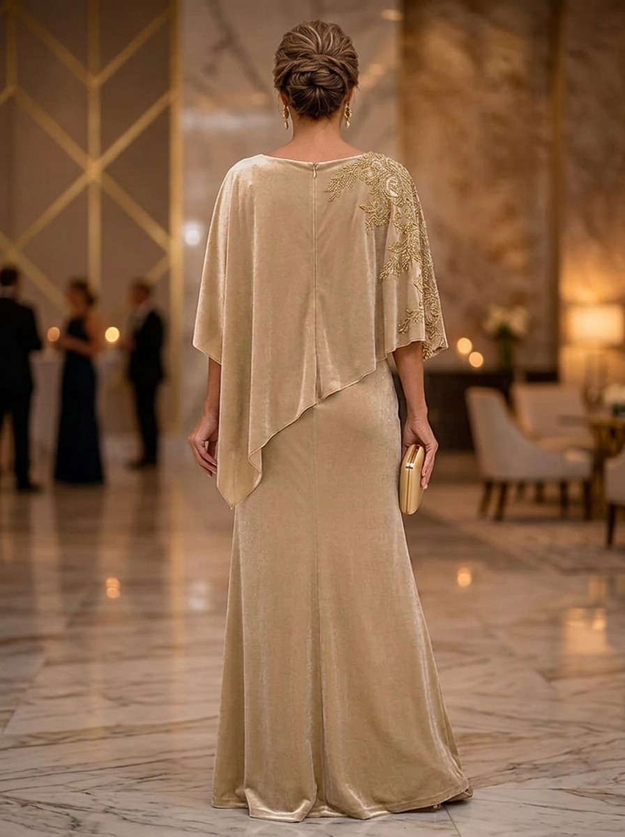 Embroidered Velvet Capelet Evening Gown