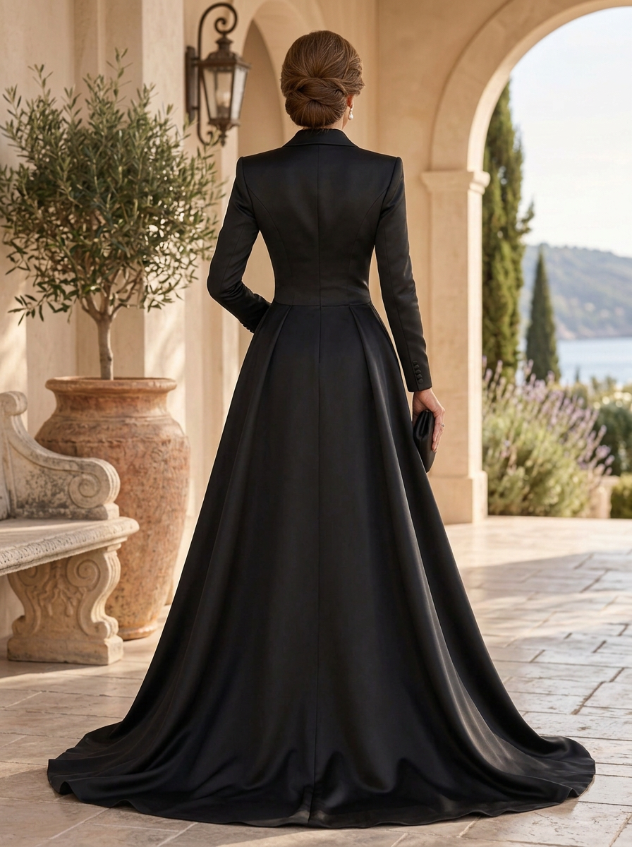 Long Sleeve Tuxedo Blazer Satin and Lace Evening Gown With Overskirt