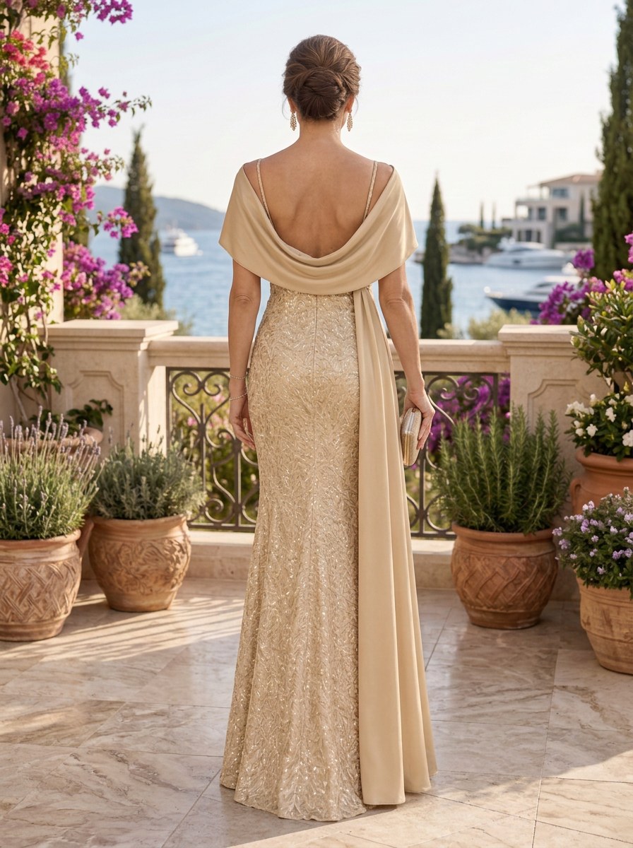 Off-Shoulder Sequined Lace and Satin Evening Gown With Side Drape
