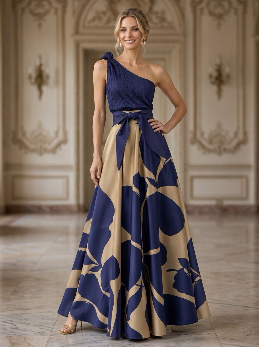 One-Shoulder Pleated Chiffon and Satin Printed Evening Gown With Bow