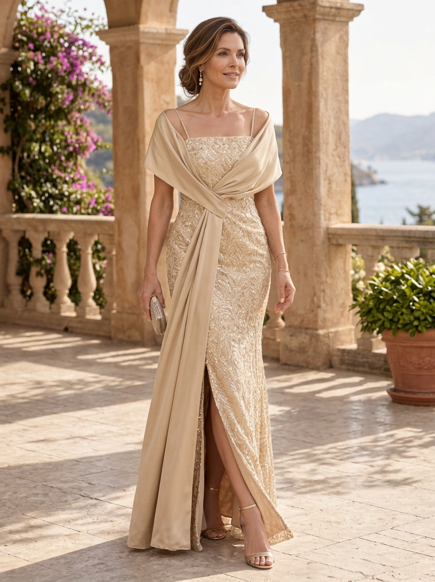 Off-Shoulder Sequined Lace and Satin Evening Gown With Side Drape