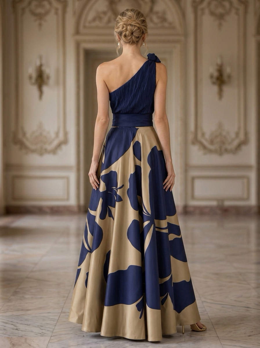 One-Shoulder Pleated Chiffon and Satin Printed Evening Gown With Bow