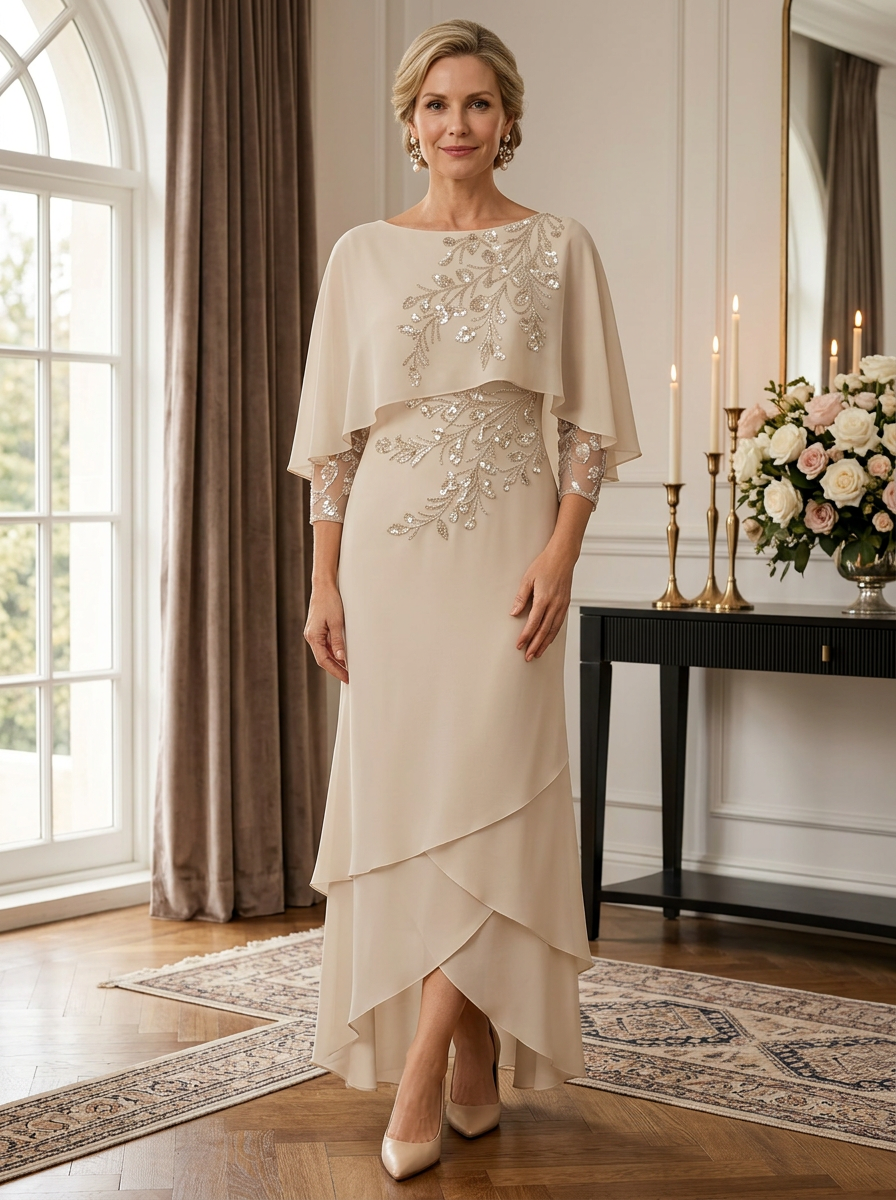 Embellished Capelet Layered Chiffon Evening Gown