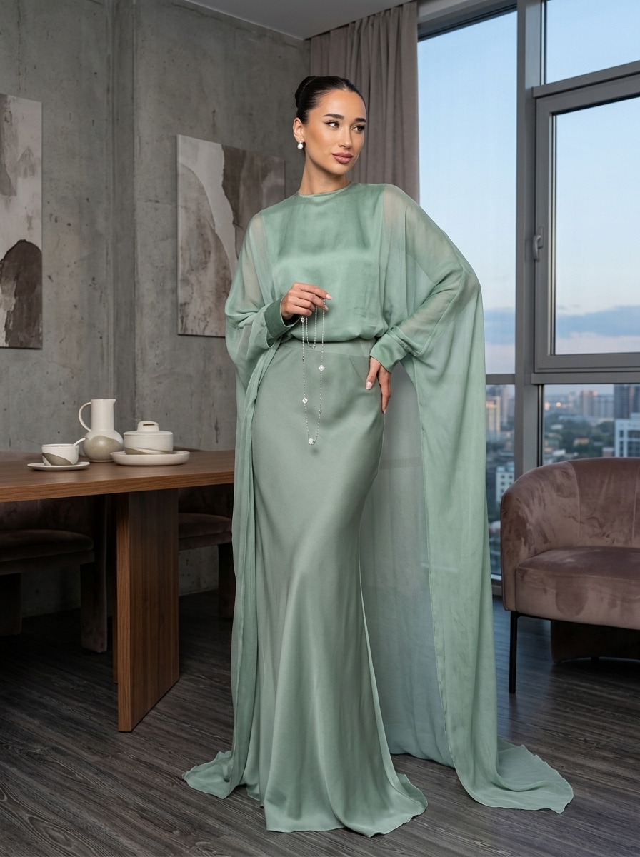 Two-Piece Chiffon Cape and Satin Maxi Skirt Evening Set