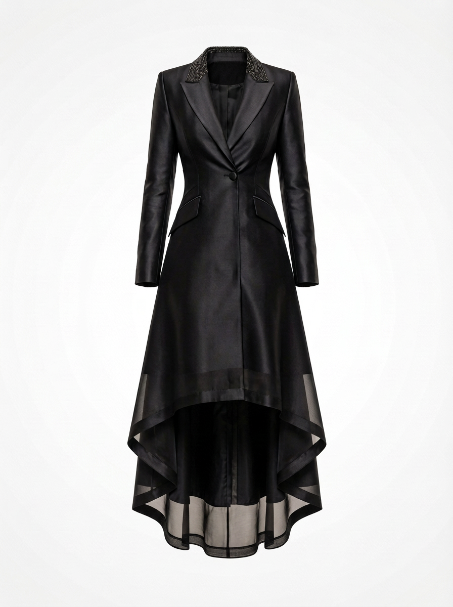 Long Sleeve Rhinestone Collar Satin Tuxedo Evening Dress With High-Low Organza Hem