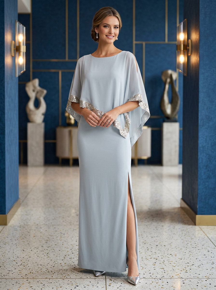 Cold-Shoulder Sequin Trimmed Chiffon Capelet Crepe Evening Gown With Slit