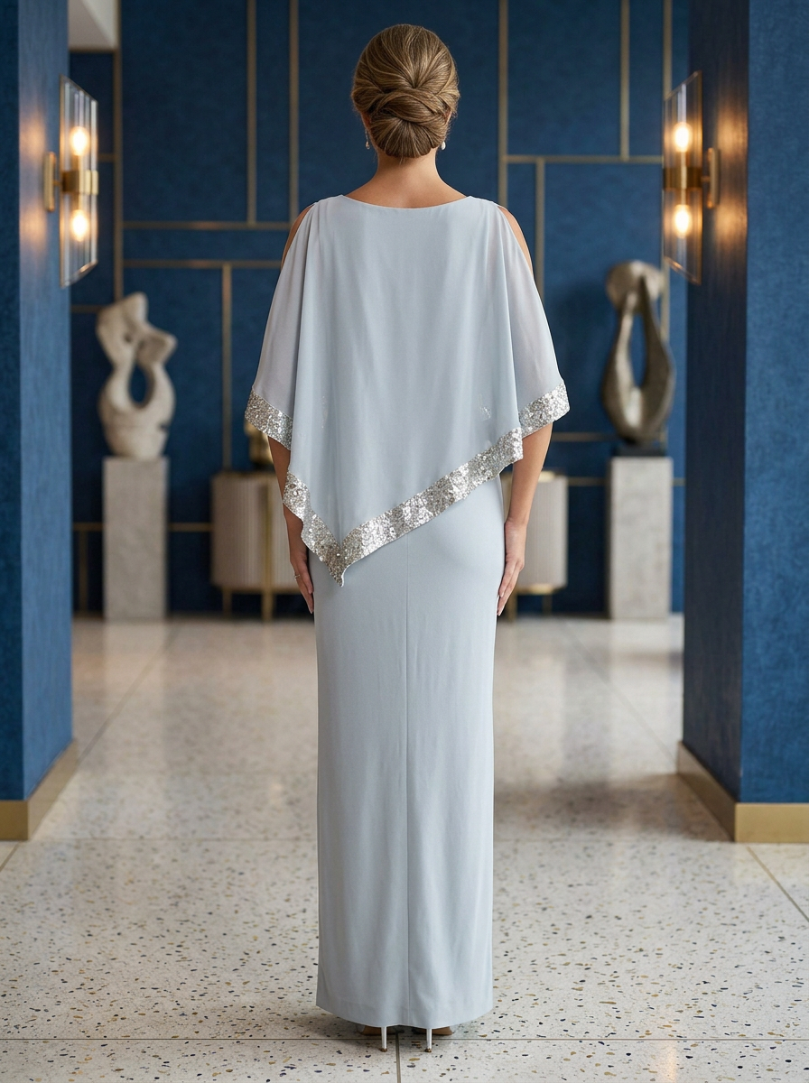 Cold-Shoulder Sequin Trimmed Chiffon Capelet Crepe Evening Gown With Slit
