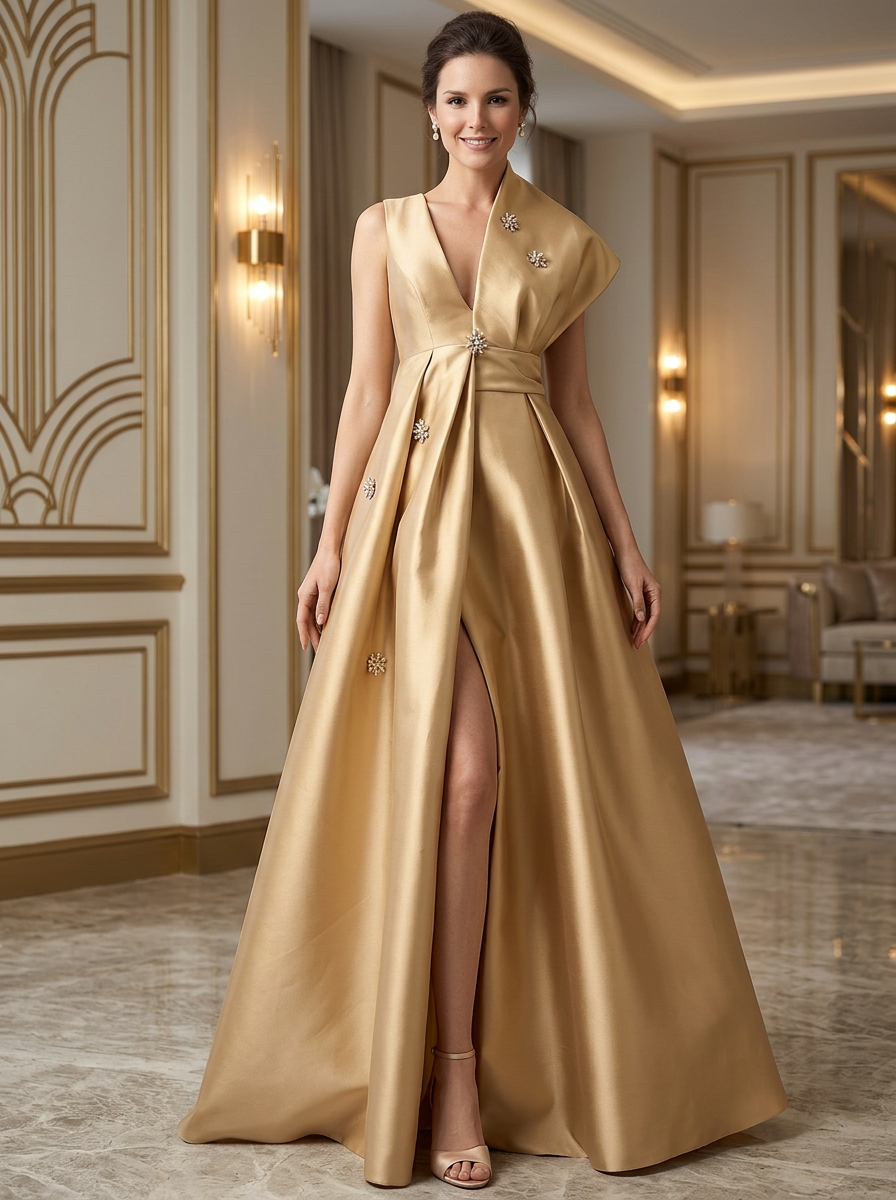 Asymmetric Crystal Brooch Satin A-Line Evening Gown With Slit