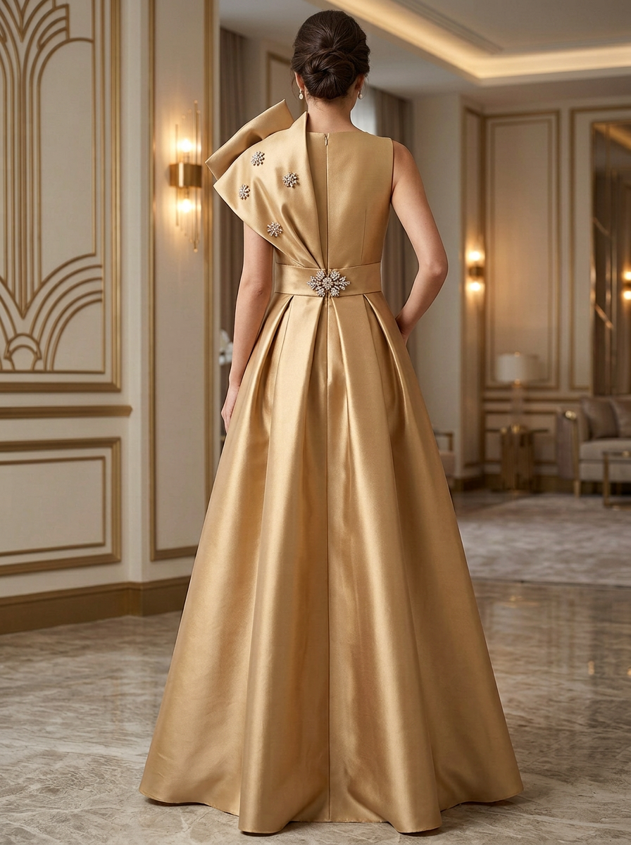 Asymmetric Crystal Brooch Satin A-Line Evening Gown With Slit
